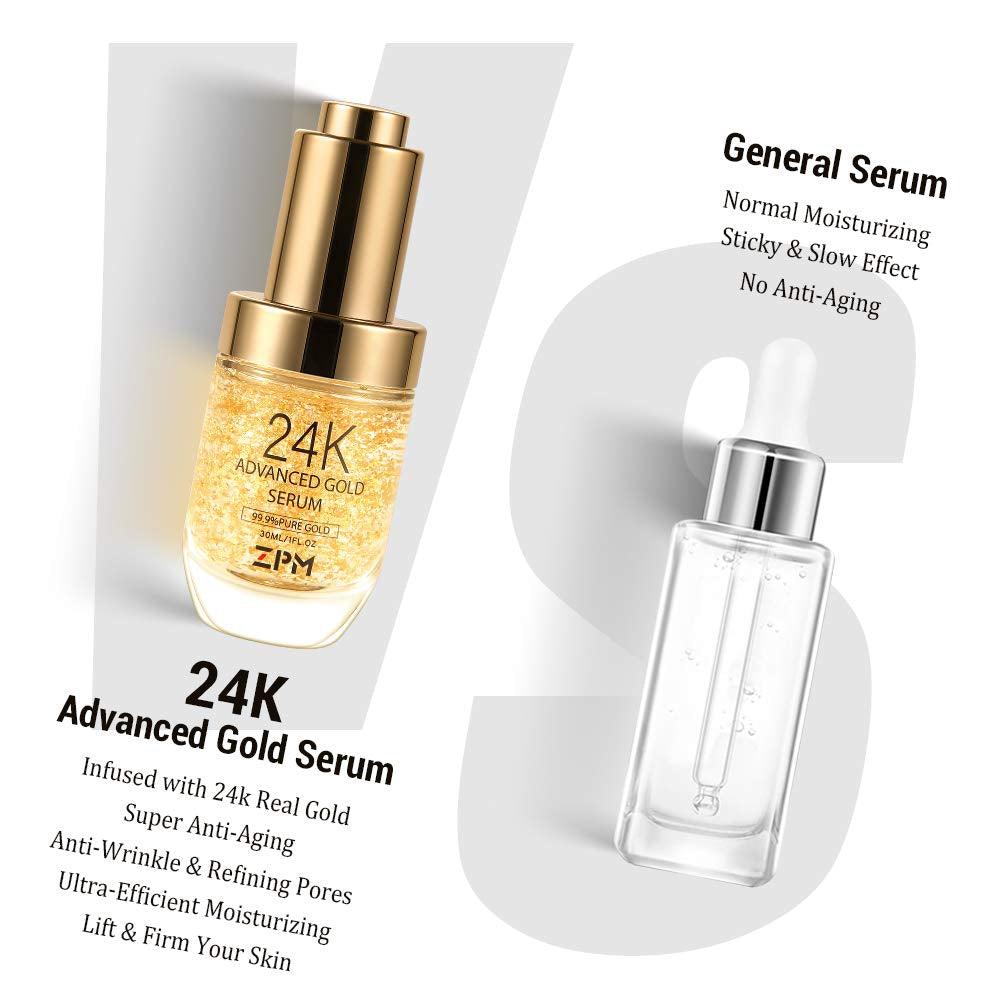 24K Gold anti Aging Face Serum Moisturizer Enriched with Vitamin C Serum, Hyaluronic Acid, Vitamin E Cream for Day and Night Wrinkle Reduction, Re-Activate Skin Youth (1FL.OZ)