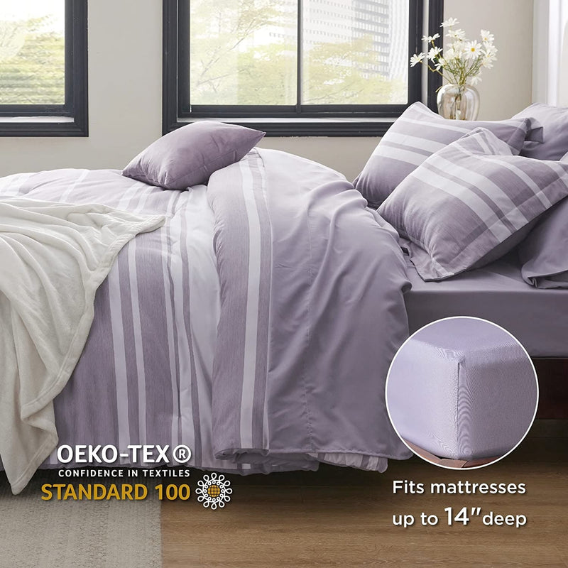 Bedsure Bed in a Bag Full Size 7 Pieces, Purple White Striped Bedding Comforter Sets All Season Bed Set, 2 Pillow Shams, Flat Sheet, Fitted Sheet and 2 Pillowcases