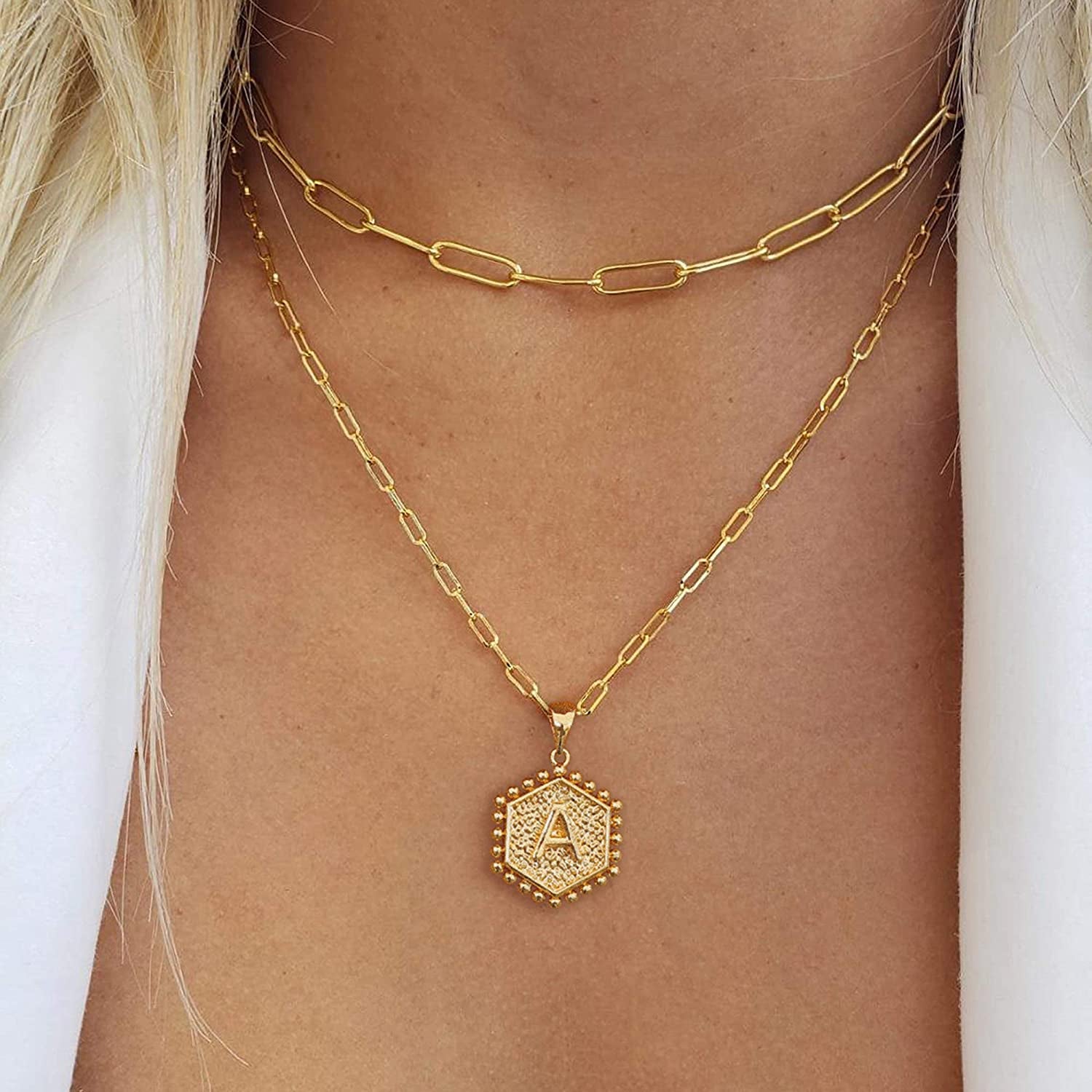 Dainty Layered Initial Necklaces for Women Trendy, 14K Real Gold Plated Paperclip Chain Necklace Cute Hexagon Letter Pendant Initial Choker Necklace Gold Layered Necklaces for Women
