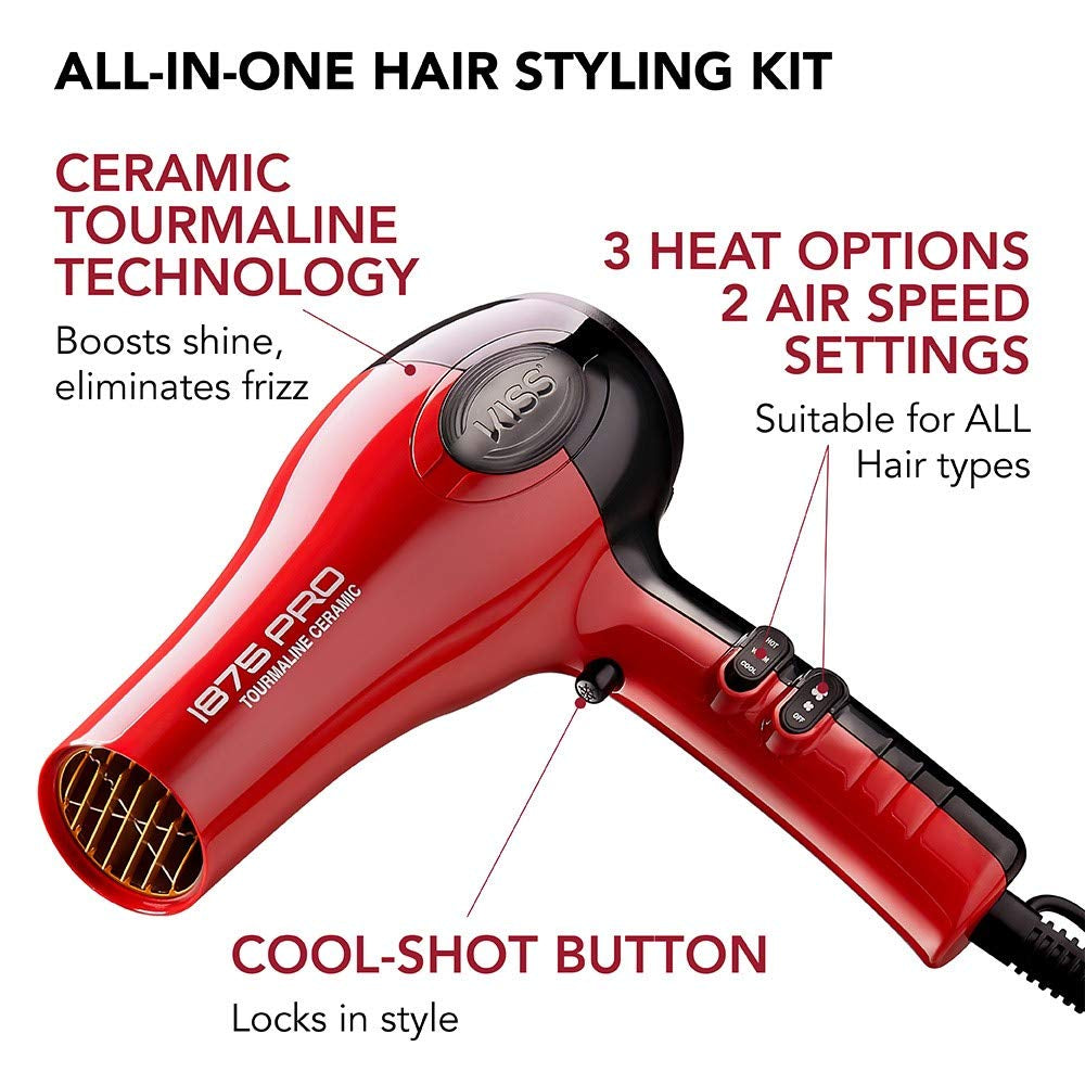 1875 Watt Pro Tourmaline Ceramic Hair Dryer, 3 Heat Settings, 2 Speed Slide Switch, Cool Shot Button, 2 Detangler Combs, 1 Concentrator, 1 Diffuser, Removable Filter Cap & 4 Sectioning Clips