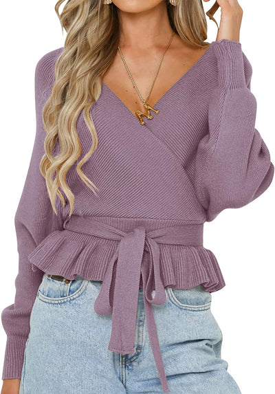 Women'S 2023 Fall Wrap V Neck Long Batwing Sleeve Belted Waist Ruffle Knitted Sweater Pullover Top