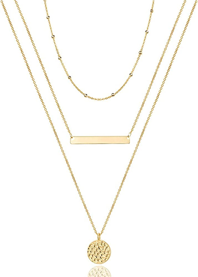Dainty Layered Choker Necklace, Handmade 14K Gold Plated Y Pendant Necklace Multilayer Bar Disc Necklace Adjustable Layering Choker Necklaces for Women