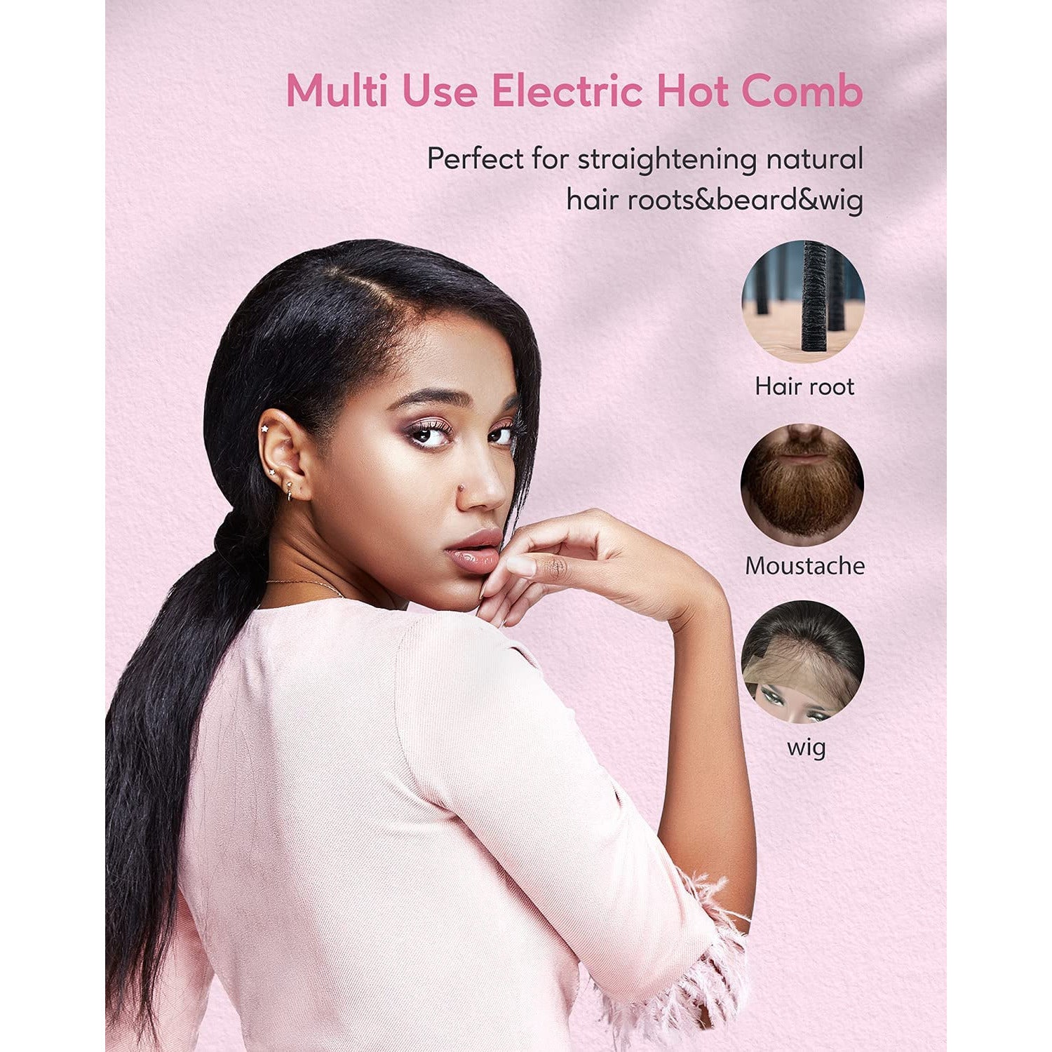 Hot Comb Electric, Pressing Combs for Black Hair, Wigs & Beard, Anti-Scald Straightening Comb with Keratin & Argan Oil Infused Teeth, Temperatures Adjustable, 60 Min Auto Shut off Pink