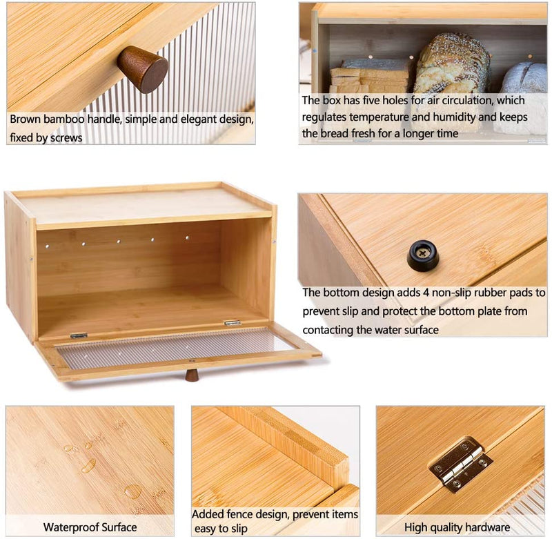 Bamboo Bread Box for Kitchen Counter-Large Capacity Bread Storage Container Farmhouse Bread Box with Window Bread Holder