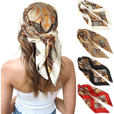 27 Inches Silk Feeling Square Head Scarf - 4 Pcs Satin Square Head Scarves for Women Hair Bandanas