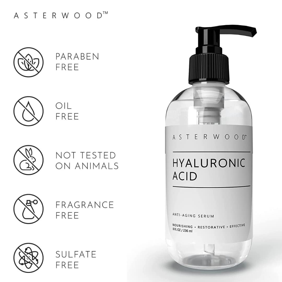 Asterwood Pure Hyaluronic Acid Serum for Face (237 Ml/8 Oz); Plumping Anti-Aging Face Serum, Hydrating Facial Skin Care Product, Fragrance Free, Pairs Well with Vitamin C Serum & Retinol Serum