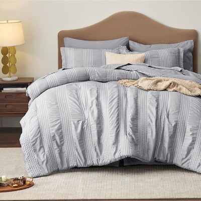 Bedsure Bed in a Bag Full - Full Size Comforter Set 7 Pieces Stripes Seersucker Bedding Set, Soft Lightweight down Alternative Comforter, Full Bed Set (Grey,Full 86 X 82 Inch)
