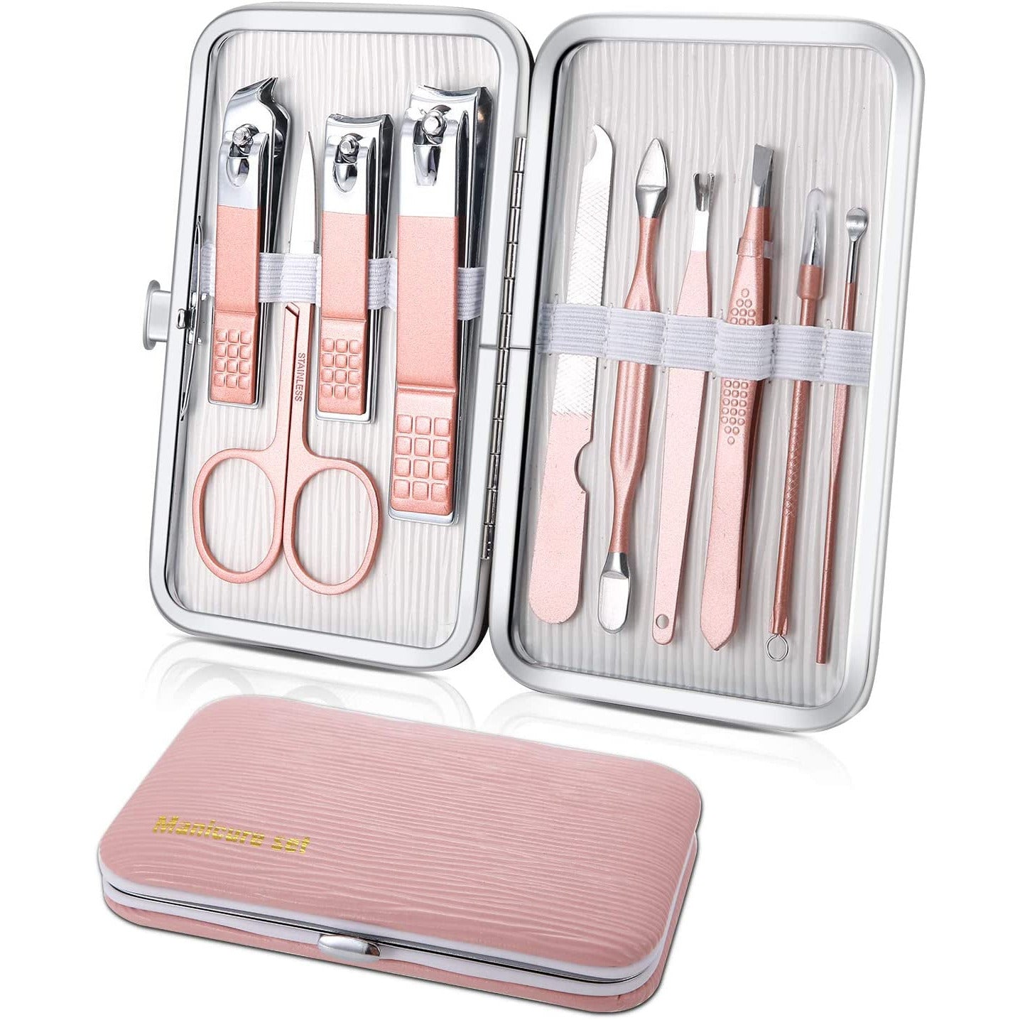 Manicure Set, Travel Mini Nail Clippers Kit Pedicure Care Tools, 10Pcs Stainless Steel Grooming Kit (Pink)