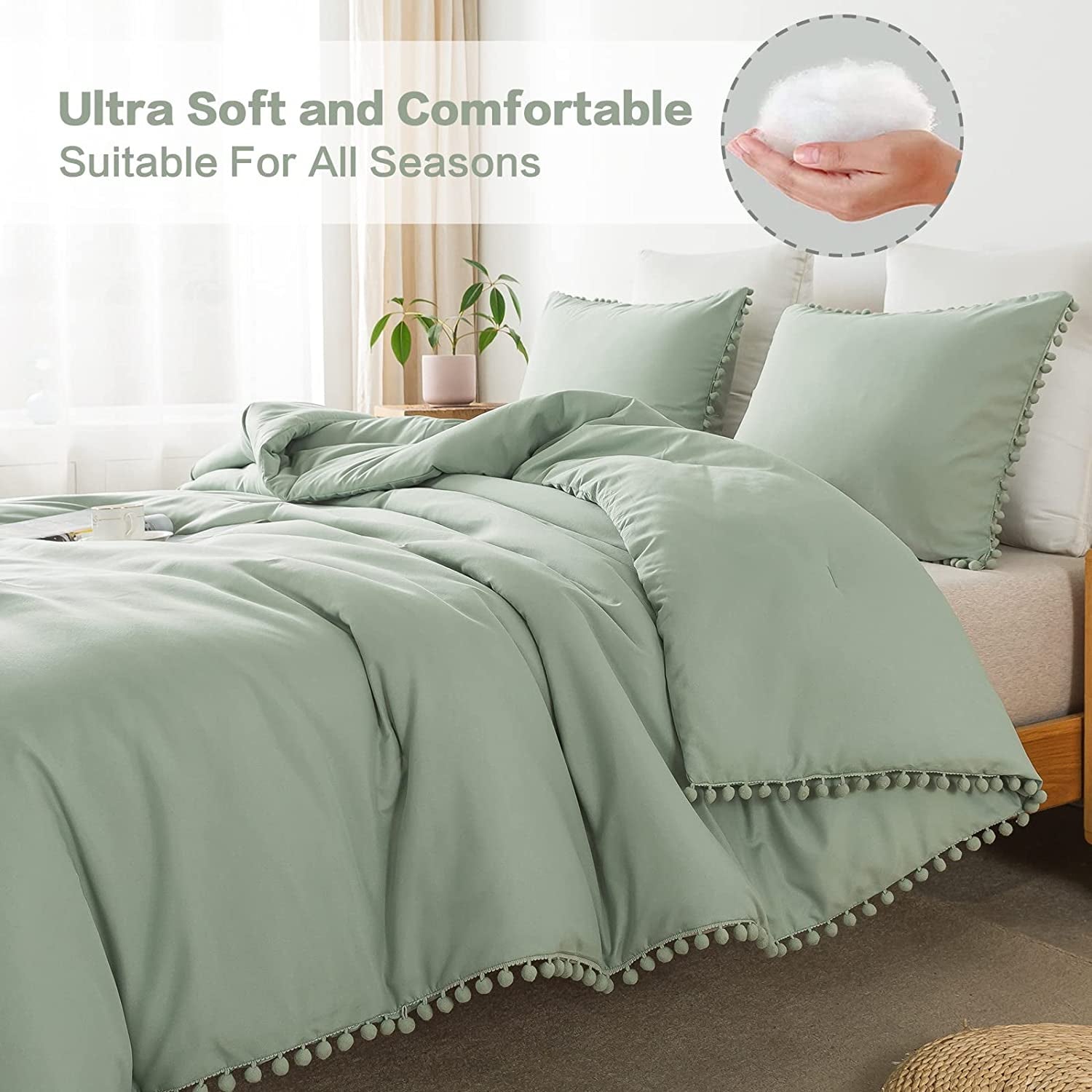 Sage Green Pom Pom Fringe Comforter Full(79X90 Inch), 3 Pieces(1 Boho Comforter and 2 Pillowcases) Aesthetic and Lightweight Microfiber down Alternative Bedding Set