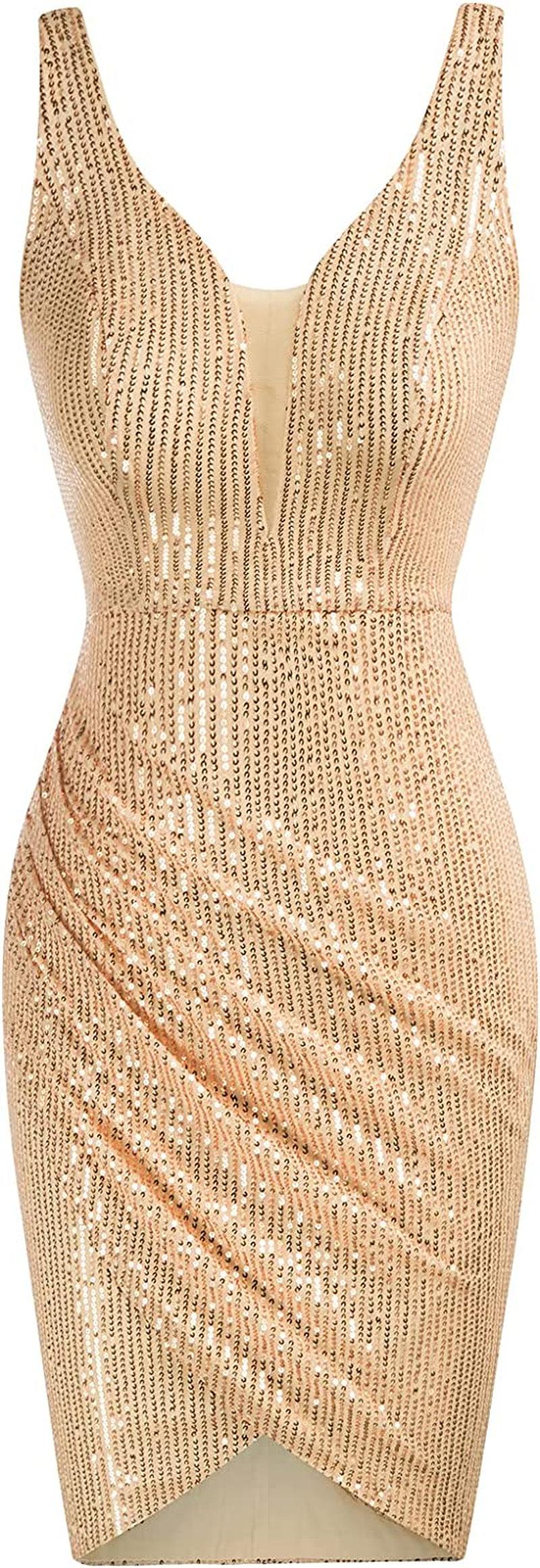 Women Deep V Neck Party Mini Dress U Back Sequin Irregular Hem Evening Dress