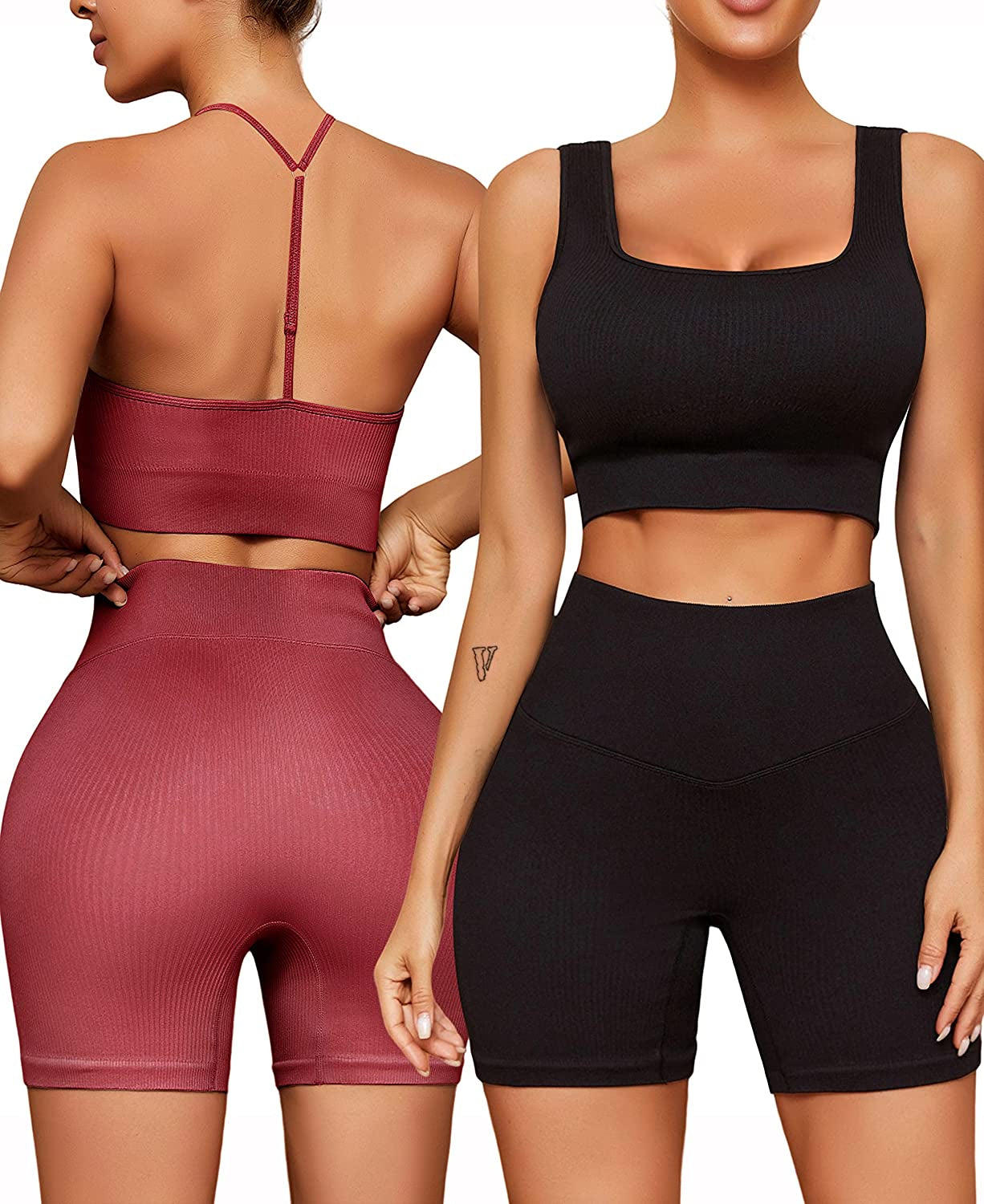 Workout Outfits Sets for Women 4 Piece Seamless Backless Tank Sport Bra High Waist Short Yoga Gym Matching Active Set