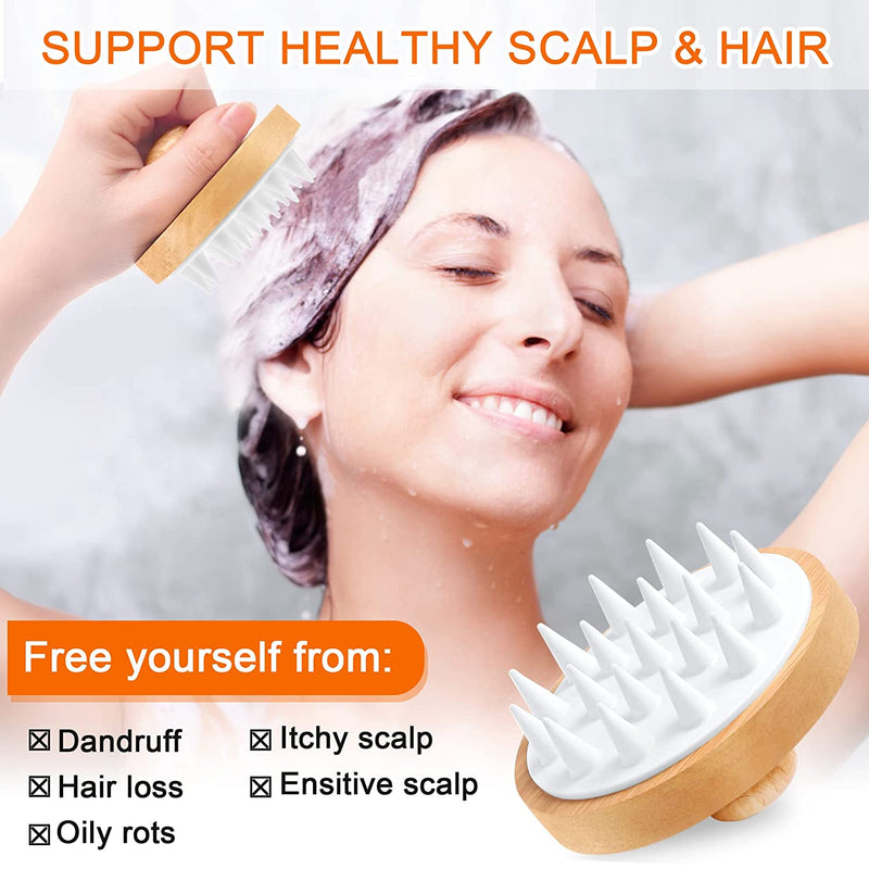 Scalp Massager Hair Brush,Scalp Scrubber Shampoo Brush with Soft Silicone Bristles,Wooden Scalp Massager Hair Growth for Dandruff Removal,Wet Dry Hair Massager Scalp Brush for Men Women Kids Pet,Round