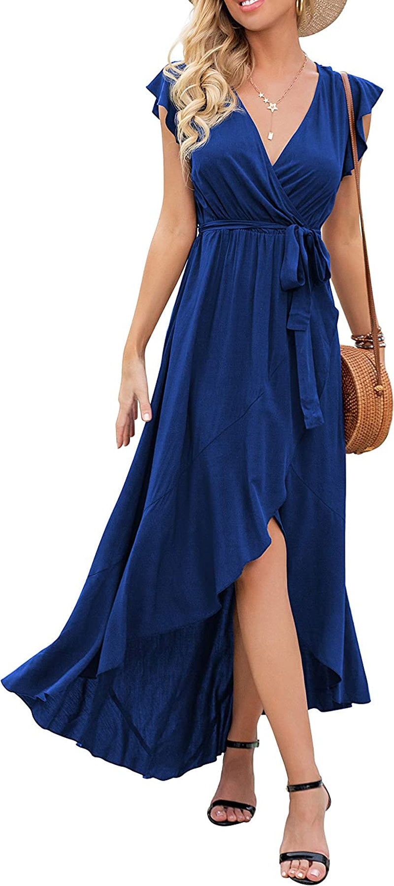 Women'S 2023 Summer Floral Print Cross V Neck Dress Bohemian Flowy Long Maxi Dresses