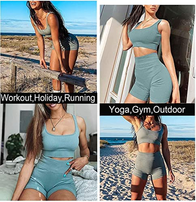 Women'S Workout Sets Ribbed Tank 2 Piece Seamless High Waist Gym Outfit Yoga Shorts Sets