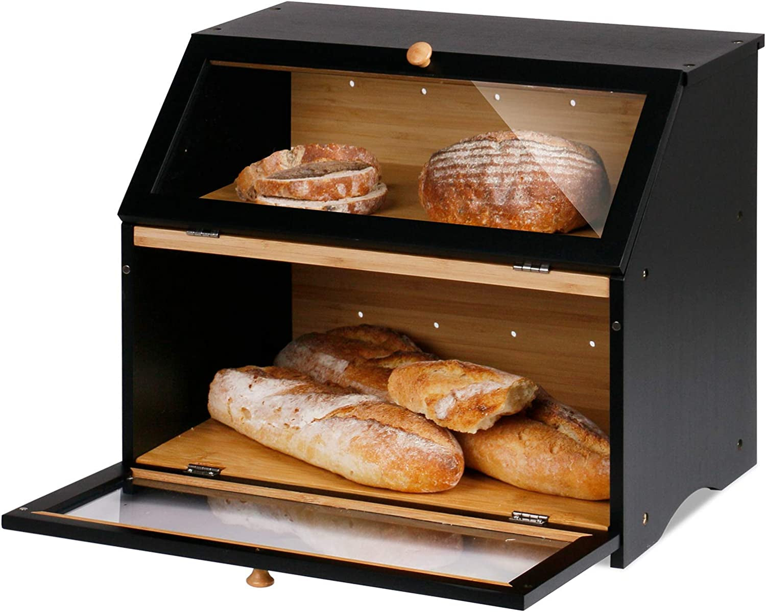 Double Layer Large Bread Box for Kitchen Counter, Wooden Large Capacity Bread Storage Bin (Black)