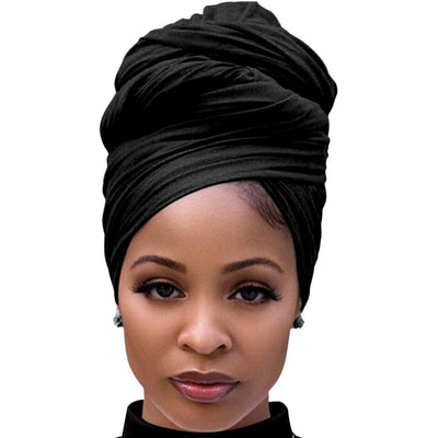 Black Hair Wrap for Women Long Stretch Jersey Head Scarf Summer Breathable Lightweight Turban Solid Color