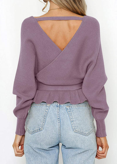 Women'S 2023 Fall Wrap V Neck Long Batwing Sleeve Belted Waist Ruffle Knitted Sweater Pullover Top