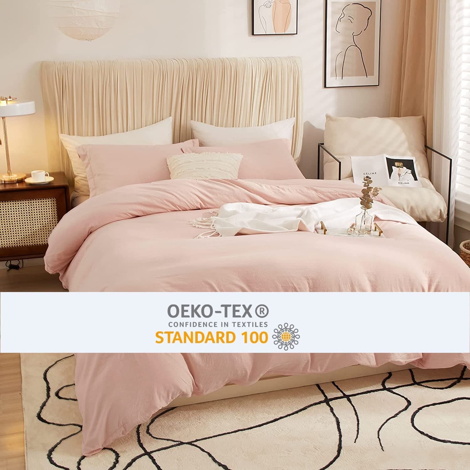 Pink Duvet Cover Queen Full Bedding Sets Washed Microfiber Blush Comforter Protector Cover, 3 Pieces Boho Style Solid Pink Quilt Cover Set, 1 Pink Queen Duvet Cover 90X90 and 2 Pillow Shams