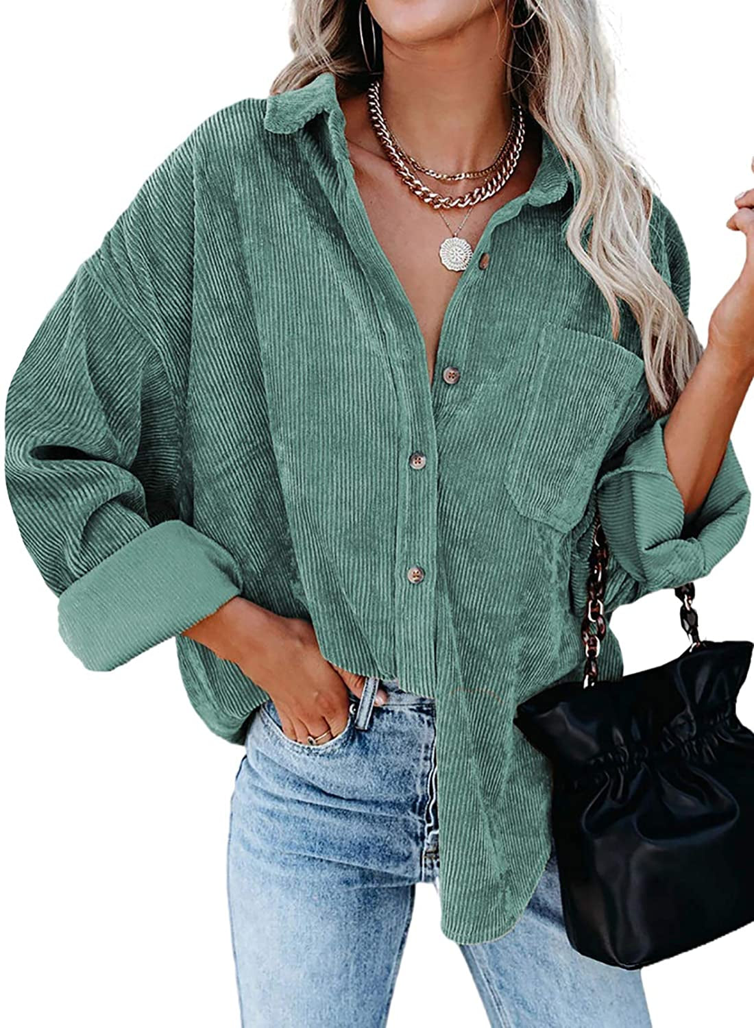 Womens Corduroy Button down Shirts Boyfriend Long Sleeve Oversized Blouses Tops