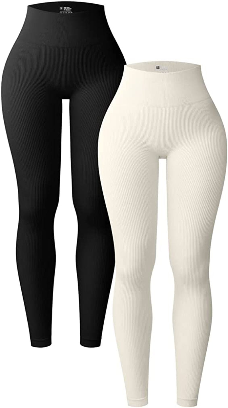 Women'S 2 Piece Yoga Leggings Ribbed Seamless Workout High Waist Athletic Pants