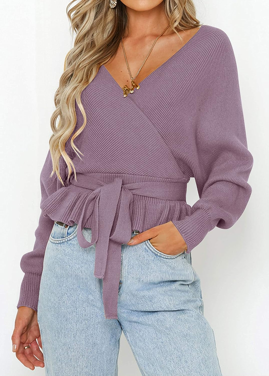 Women'S 2023 Fall Wrap V Neck Long Batwing Sleeve Belted Waist Ruffle Knitted Sweater Pullover Top