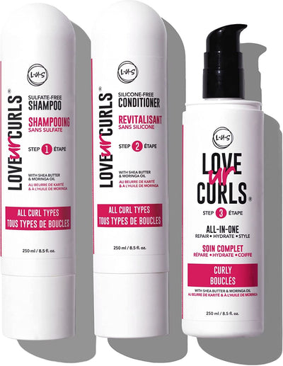 LUS Brands Love Ur Curls for Curly Hair, 3-Step System - Shampoo and Conditioner Set with All-In-One Styler - LUS Curls Hair Products - No Crunch, Nonsticky, Clean - 8.5Oz Each