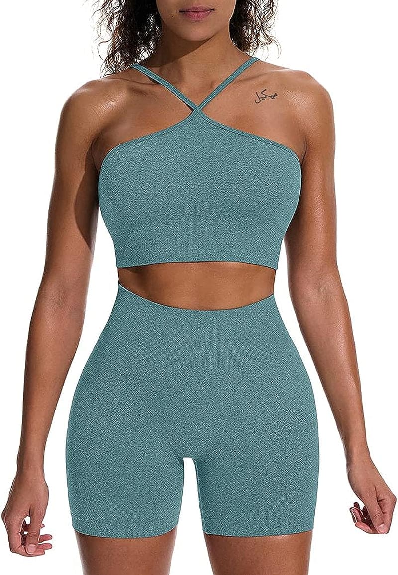 Women'S Workout 2 Piece Outfits High Waist Running Shorts Seamless Gym Yoga Crop Top Bra Sets