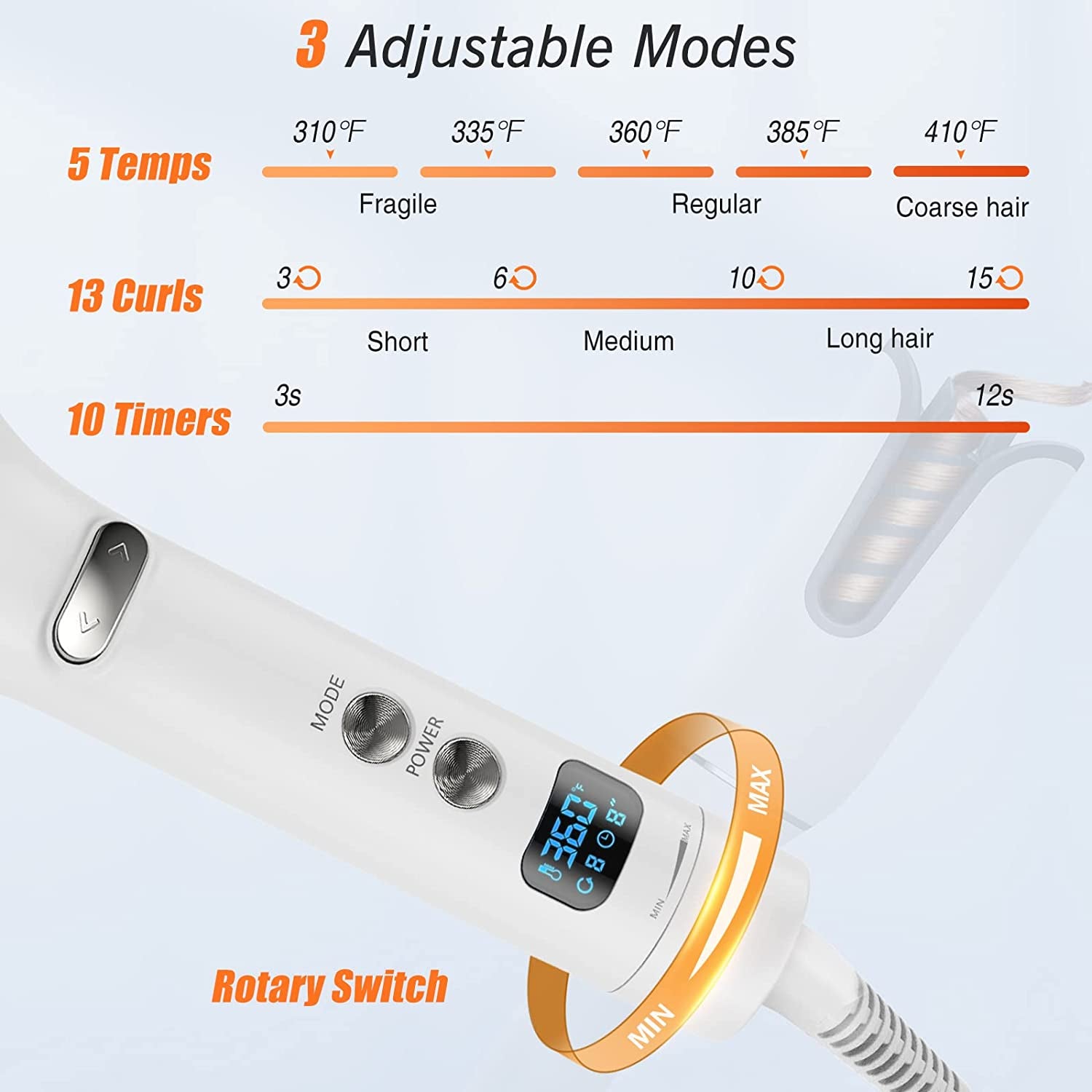 Automatic Hair Curler, Portable Auto Hair Curling Iron Wand with LCD Display, Adjustable 5 Temperature, 13 Curls and 10 Timer Settings, Fast Heating for Hair Styling