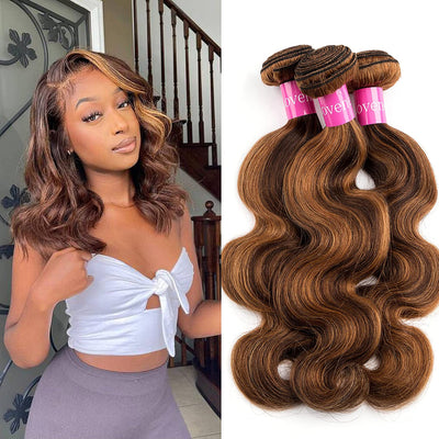 Lovenea Ombre Highlight Human Hair Bundles Brazilian Body Wave 3 Bundles 18+20+22 Inch 10A 100% Virgin Brazilian Human Hair Bundles Piano Color 4/27 (18 20 22, P4/27)