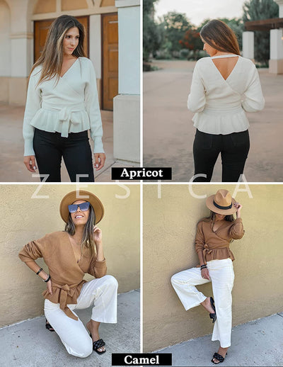 Women'S 2023 Fall Wrap V Neck Long Batwing Sleeve Belted Waist Ruffle Knitted Sweater Pullover Top
