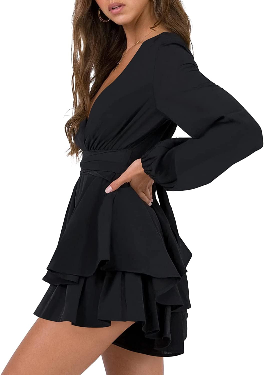 Womens Sexy V Neck Long Baggy Sleeve Tie Waist Ruffle Hem Flowy Swing Mini Short Wrap Dress