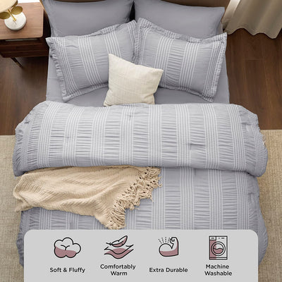 Bedsure Bed in a Bag Full - Full Size Comforter Set 7 Pieces Stripes Seersucker Bedding Set, Soft Lightweight down Alternative Comforter, Full Bed Set (Grey,Full 86 X 82 Inch)