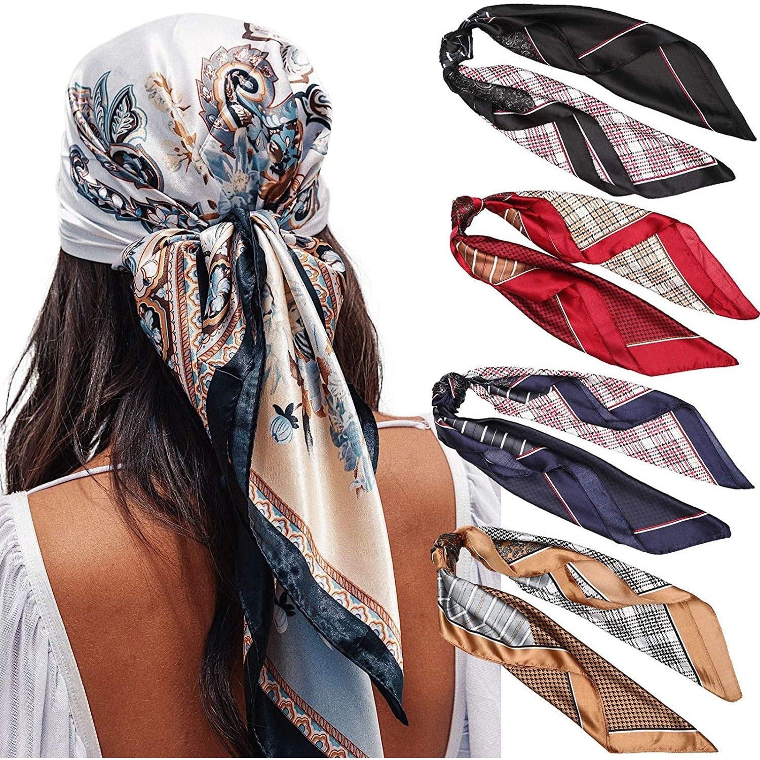 35” Satin Large Square Head Scarves - 4PCS Silk like Neck Scarf Hair Sleeping Wraps Lightweight Satin Silk Scarfs