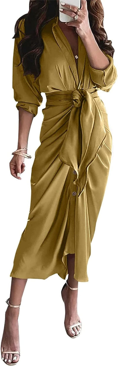 Women 2023 Long Sleeve Lapel V Neck Button down Satin Dress Belted Elegant Ruched Summer Fall Maxi Shirt Dresses