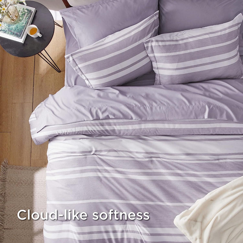 Bedsure Bed in a Bag Full Size 7 Pieces, Purple White Striped Bedding Comforter Sets All Season Bed Set, 2 Pillow Shams, Flat Sheet, Fitted Sheet and 2 Pillowcases