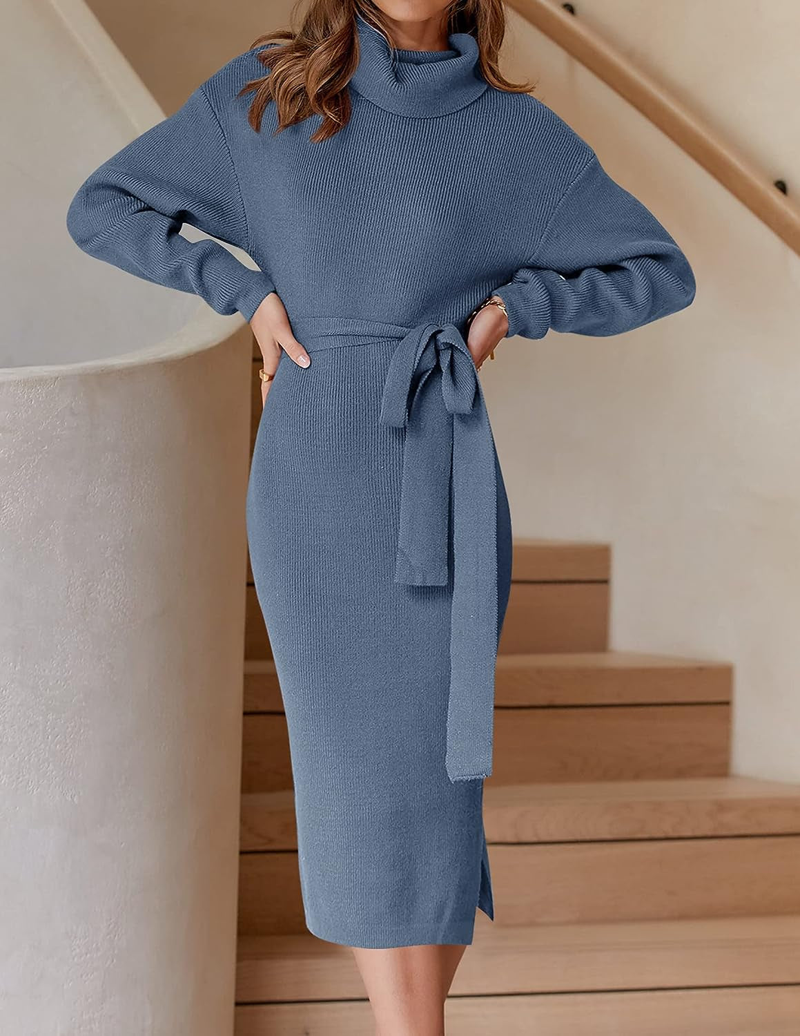 Women'S Turtleneck Sweater Midi Dress Long Sleeve Ribbed Knit Bodycon Slit Dress with Belt
