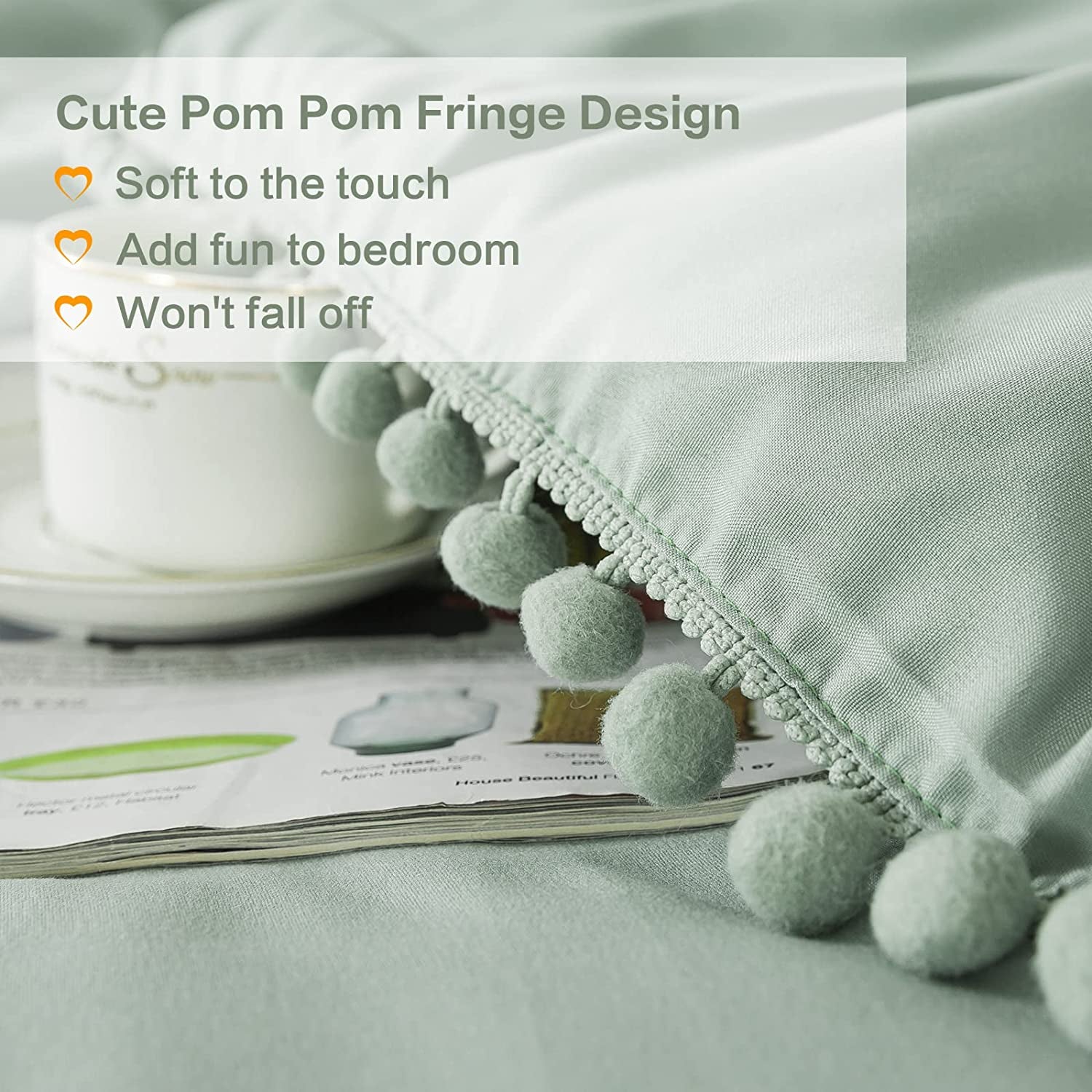 Sage Green Pom Pom Fringe Comforter Full(79X90 Inch), 3 Pieces(1 Boho Comforter and 2 Pillowcases) Aesthetic and Lightweight Microfiber down Alternative Bedding Set