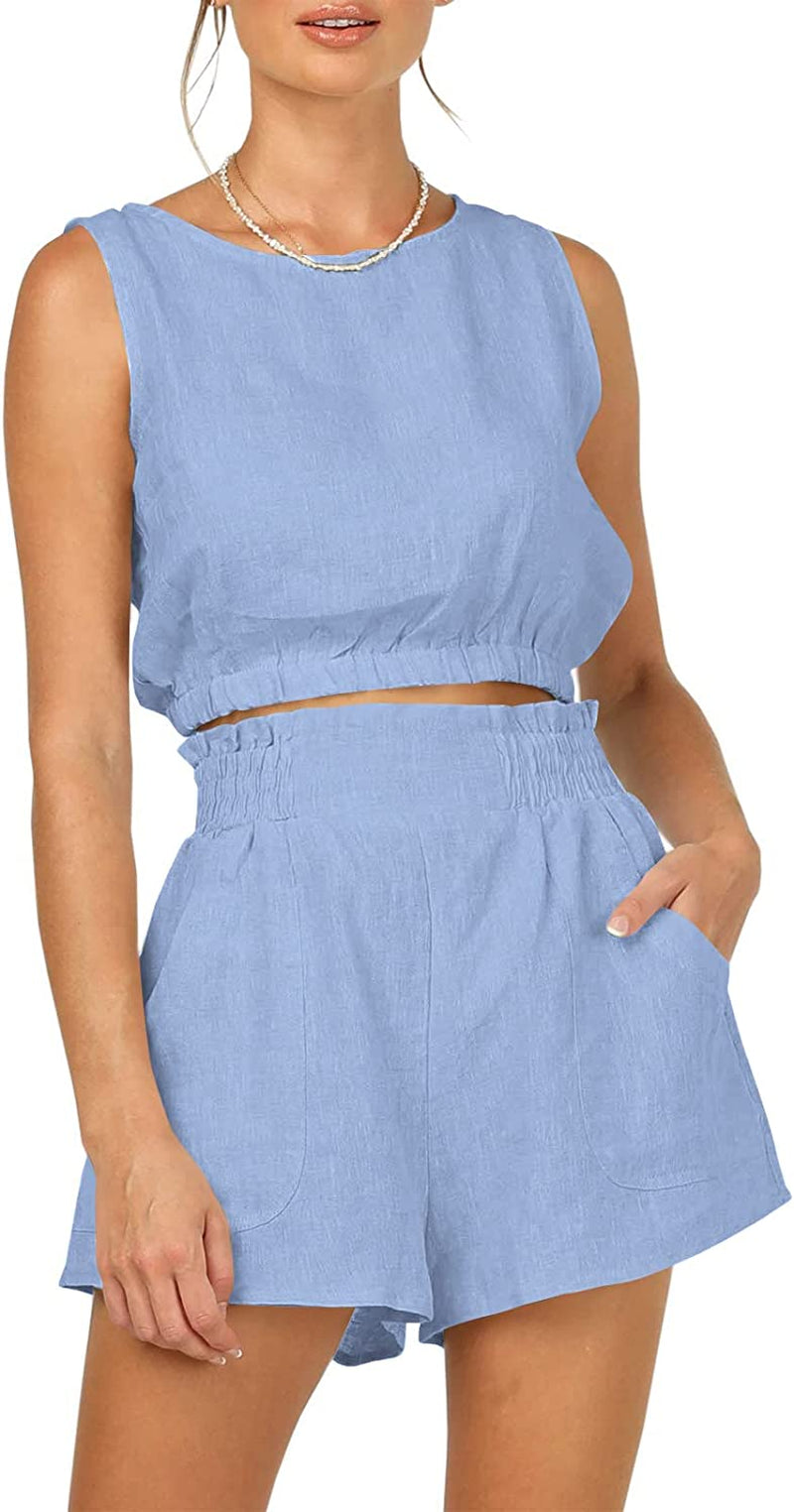 Women’S Summer 2 Piece Outfits Shorts Sets Sleeveless round Neck Crop Top Tank and High Waisted Shorts with Pockets