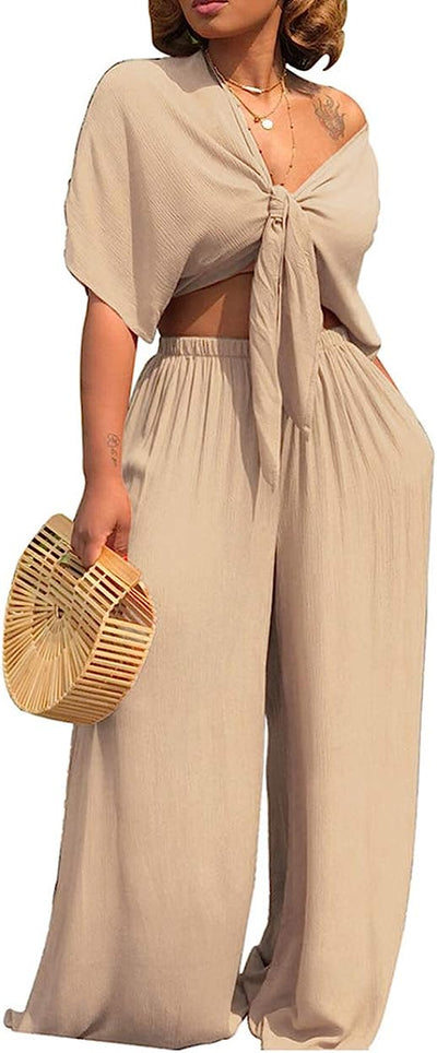 Women'S 2 Piece Jumpsuit Ruched Sleeveless Crop Top Ruffle Wide Leg Pant Set Romper Outfit