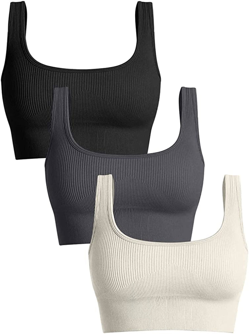 Women'S 3 Piece Medium Support Tank Top Ribbed Seamless Removable Cups Workout Exercise Sport Bra