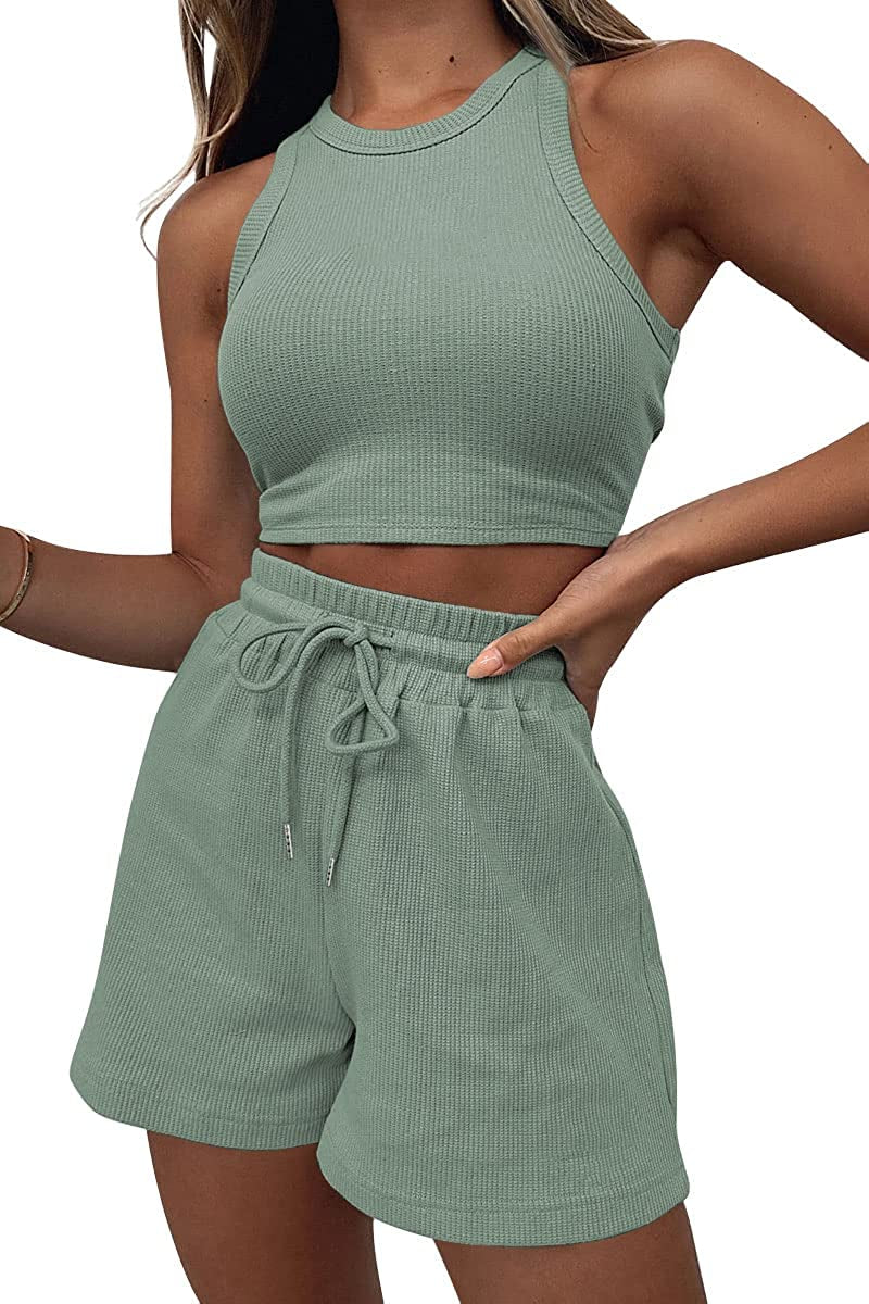 Womens 2 Piece Outfits Lounge Matching Sets Two Piece Linen Shorts Spring Tops 2023 Trendy Clothes Summer Vacation