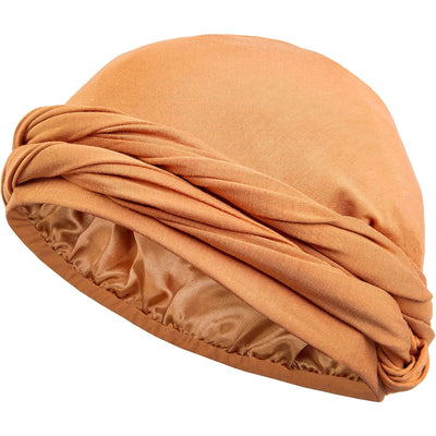 Silk Satin Lined Turban Head Wrap Pre-Tied Skull Cap for Men and Women, Sleeping Bonnet Hair Cover Soft Bamboo Outer Material