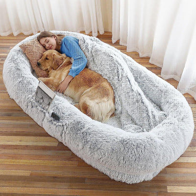 Human Dog Bed, 71"X45"X12" Dog Bed for Humans Size Fits You and Pets, Washable Faux Fur Orthopedic Human Dog Bed for People Doze Off, Napping Present Plump Pillow, Blanket, Strap - Grey