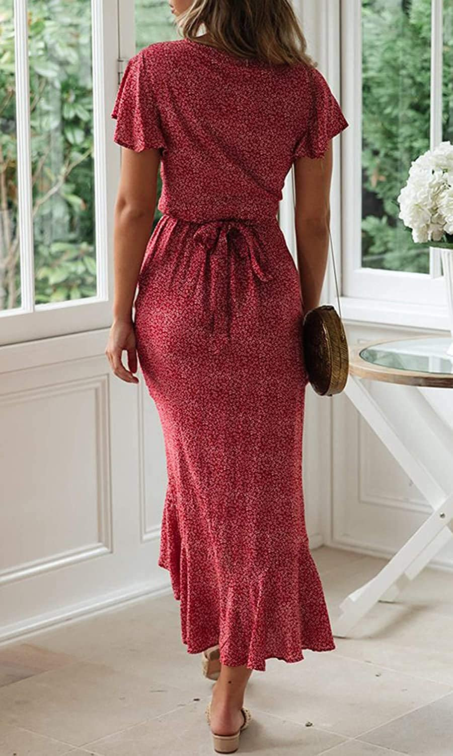 Women'S 2023 Bohemian Floral Printed Wrap V Neck Short Sleeve Split Beach Party Maxi Dress
