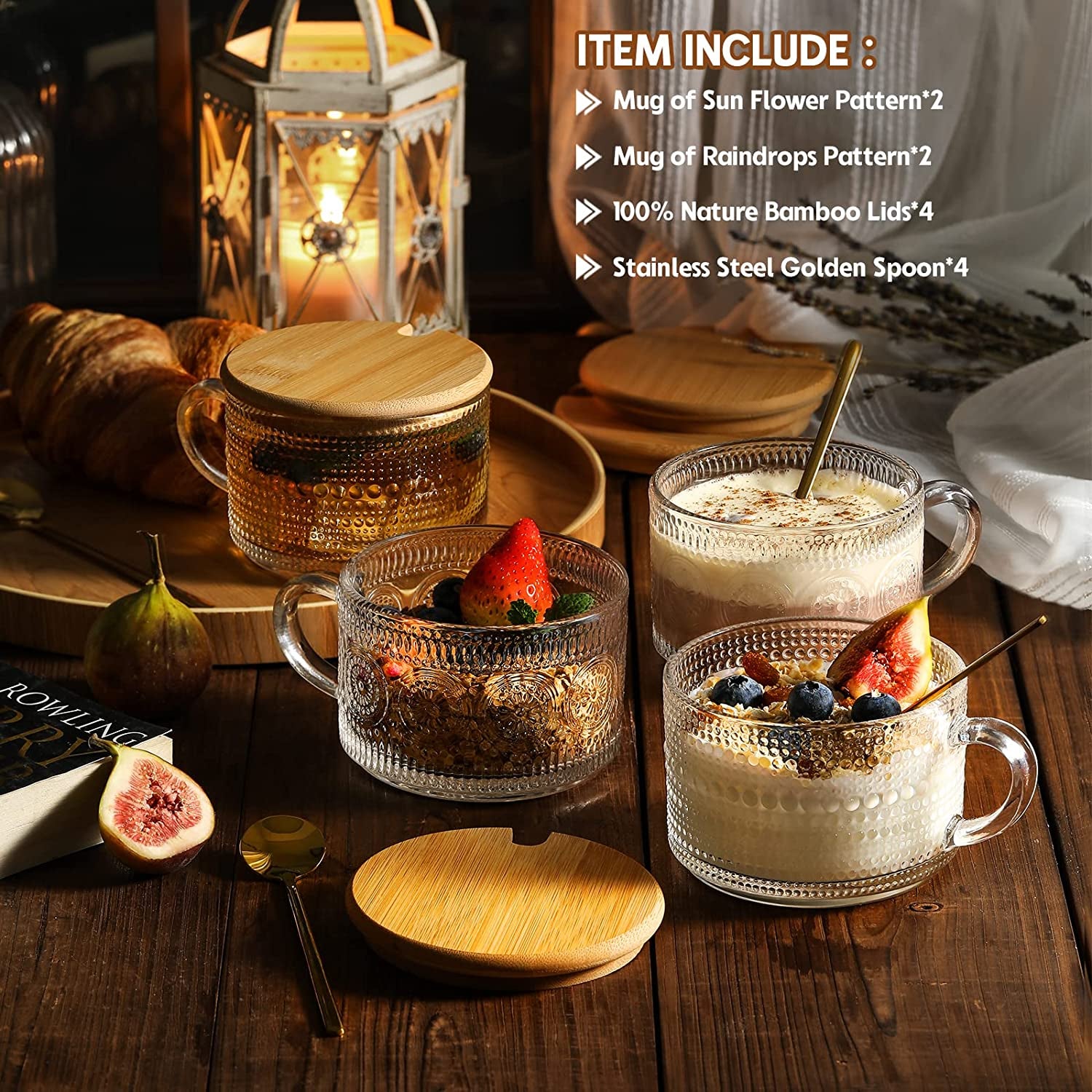 4Pcs Set Vintage Coffee Mugs, Overnight Oats Containers with Bamboo Lids and Spoons - 14Oz Clear Embossed Glass Cups, Cute Coffee Bar Accessories, Iced Coffee Glasses, Ideal for Cappuccino, Tea, Latte