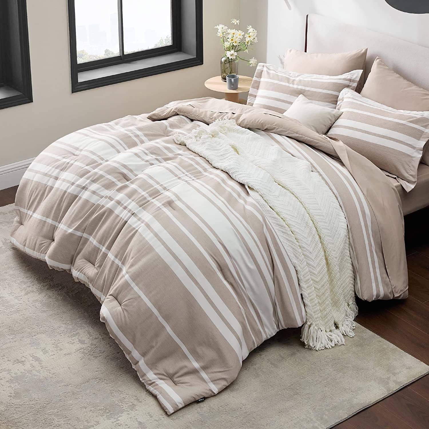 Bedsure Bed in a Bag Full Size 7 Pieces, Khaki White Striped Bedding Comforter Sets All Season Bed Set, 2 Pillow Shams, Flat Sheet, Fitted Sheet and 2 Pillowcases