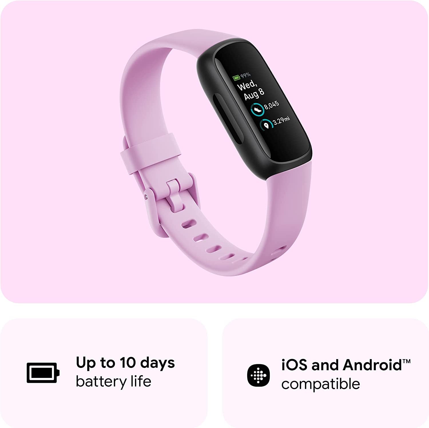 Fitbit Inspire 3 Health & Fitness Tracker with Stress Management, Workout Intensity, Sleep Tracking, 24/7 Heart Rate and More, Lilac Bliss/Black, One Size (S & L Bands Included)