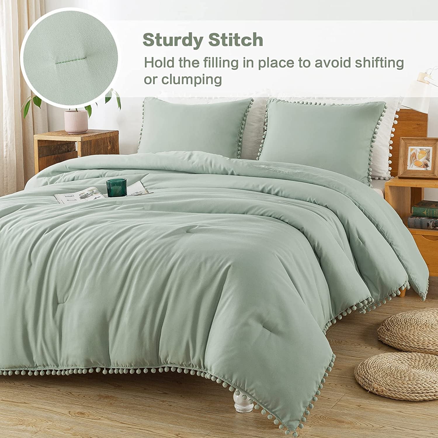 Sage Green Pom Pom Fringe Comforter Full(79X90 Inch), 3 Pieces(1 Boho Comforter and 2 Pillowcases) Aesthetic and Lightweight Microfiber down Alternative Bedding Set