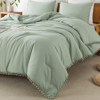 Sage Green Pom Pom Fringe Comforter Full(79X90 Inch), 3 Pieces(1 Boho Comforter and 2 Pillowcases) Aesthetic and Lightweight Microfiber down Alternative Bedding Set