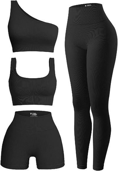 Women'S 4 Piece Outfits Ribbed Exercise Scoop Neck Sports Bra One Shoulder Tops High Waist Shorts Leggings Active Set
